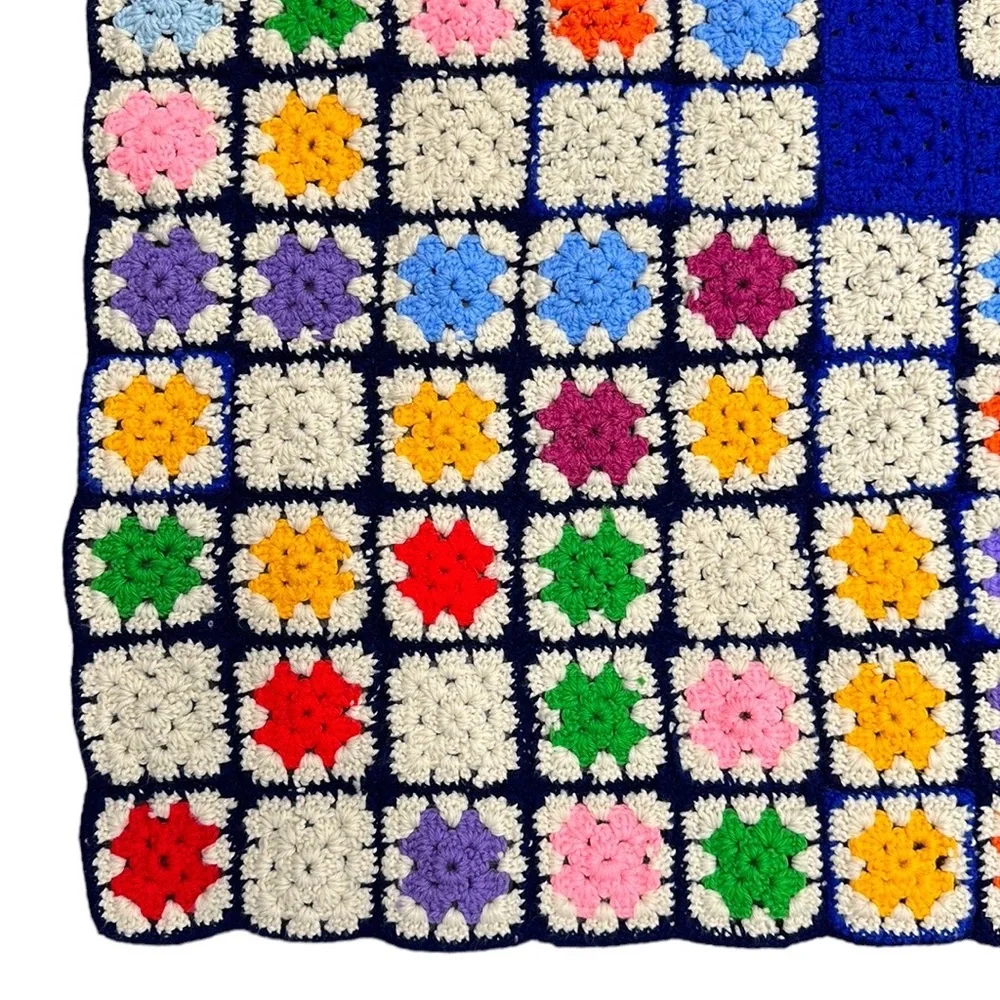 Vintage 70’s Granny Square Crochet Afghan Knitted Throw Blanket 48” x 51”